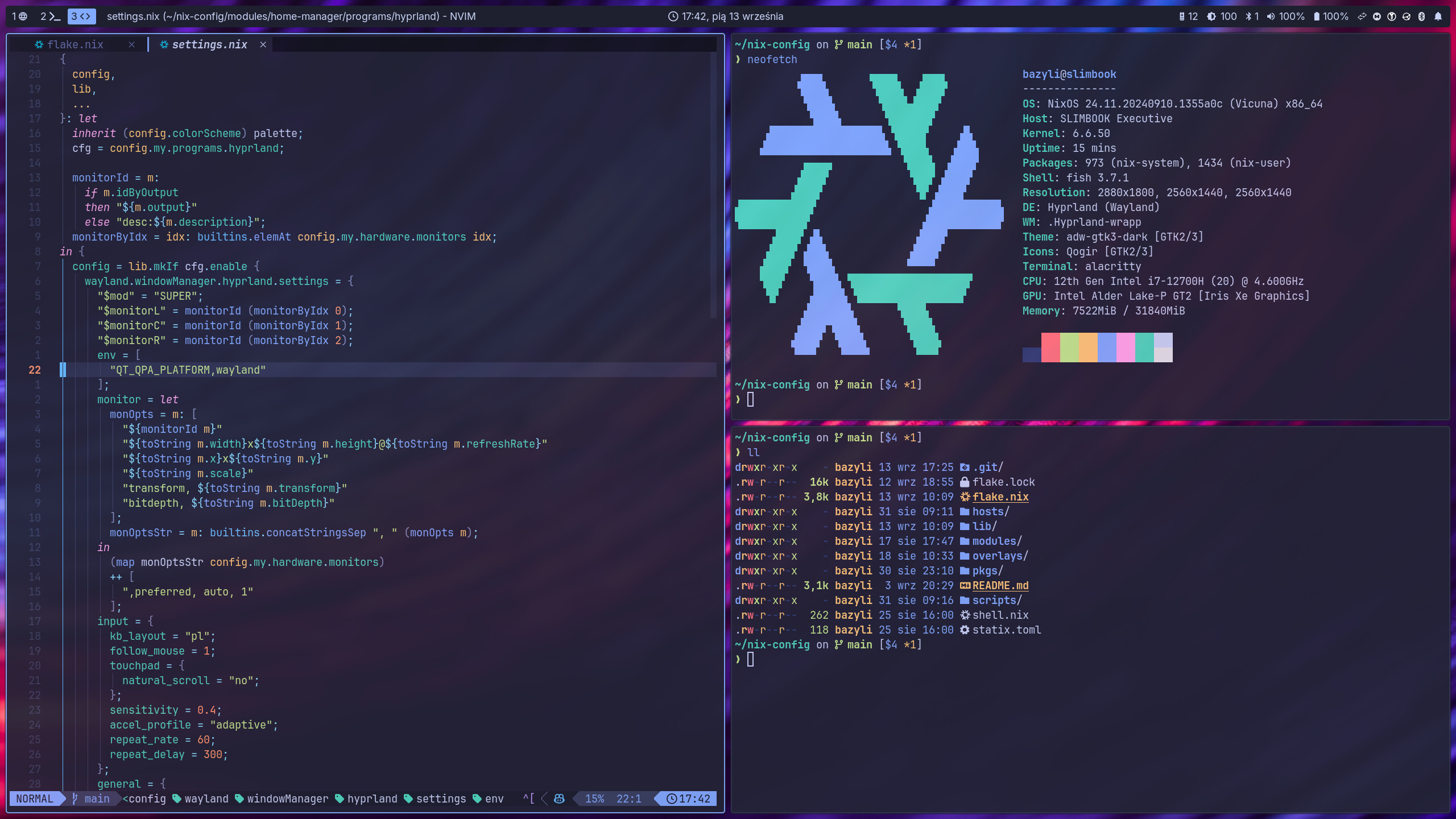 Screenshot of desktop with tiled terminal windows running neovim, neofetch and eza