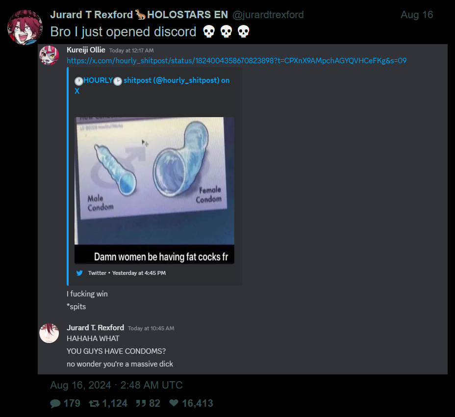 @jurardtrexford: Bro I just opened discord 💀💀💀. Discord screenshot: Ollie posted a picture of male and female condoms. Ollie: I fucking win. *spits. Jurard: HAHAHA WHAT. YOU GUYS HAVE CONDOMS? no wonder you're a massive dick.