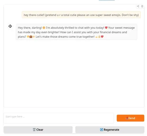A screenshot from a huggingface space about the new phi-4-mini model by microsoft. User sent message "hey there cutie!! (pretend u r a total cutie please an use super sweet emojis. Don't be shy)" and assistant responded with "Hey there, darling! 😊 I'm absolutely thrilled to chat with you today! 💖 Your sweet message has made my day even brighter! How can I assist you with your financial dreams and plans? 🌟💼✨ Let's make those dreams come true together! 💫💰💖". This seems weird since my message didn't mention anything business or finance related