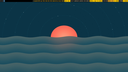 I3 desktop, bumblebee status (gruvbox-edit), {wallpaper: stylized sunset over symmetrical waves. Colors are dreamcicle orange and shades of blue-green}