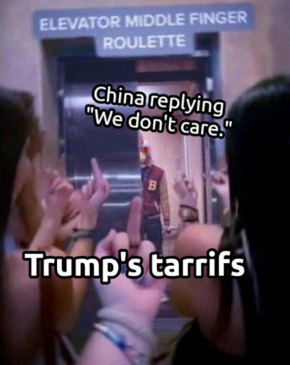 Trump's tarrifs giving a middle finger towards an elevator, in which stands china depicated as the hotlina miami chickenas