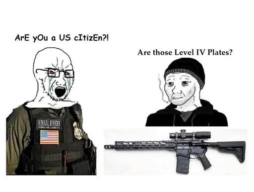 meme depicts "federal officer" wearing plate carrier asking "aRe yUo a uS cItIzEn?!", and doomer guy with AR responds with" are those level IV plates?"