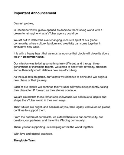 Globie announces thier closure on December 31.